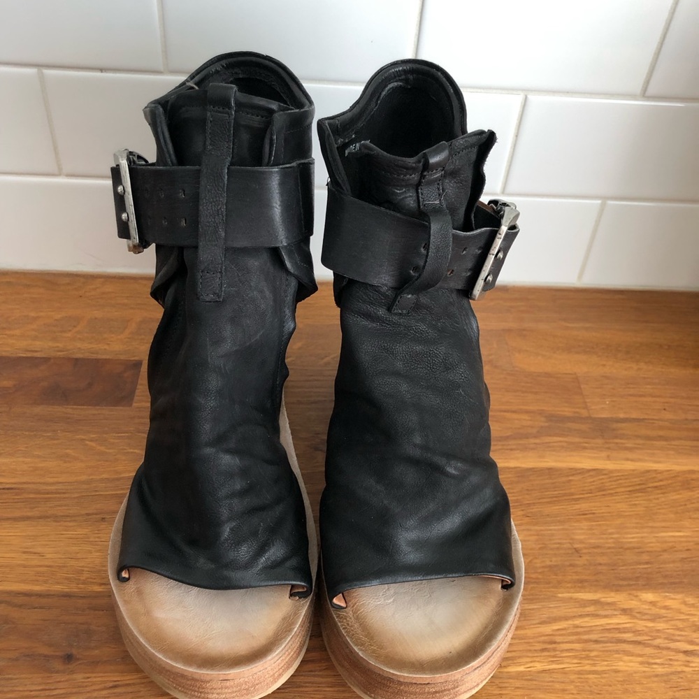 A.S. 98 black leather stacked wedge sandals